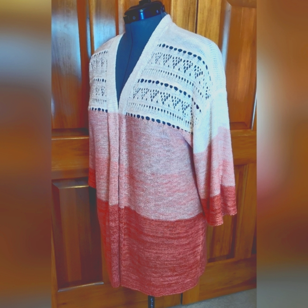 * Maurices Soft Ivory, Peach,Orange, Open Front Cardigan Sweater Size L Like New - Picture 2 of 7